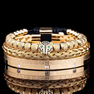 AIDUOMIRZERM Classical Handmade Braided Bracelet Set Hip Hop Men Leopard Head Roman Numeral Stainless Steel Jewelry Gun Black Plated Synthetic Zircon Daily Gift