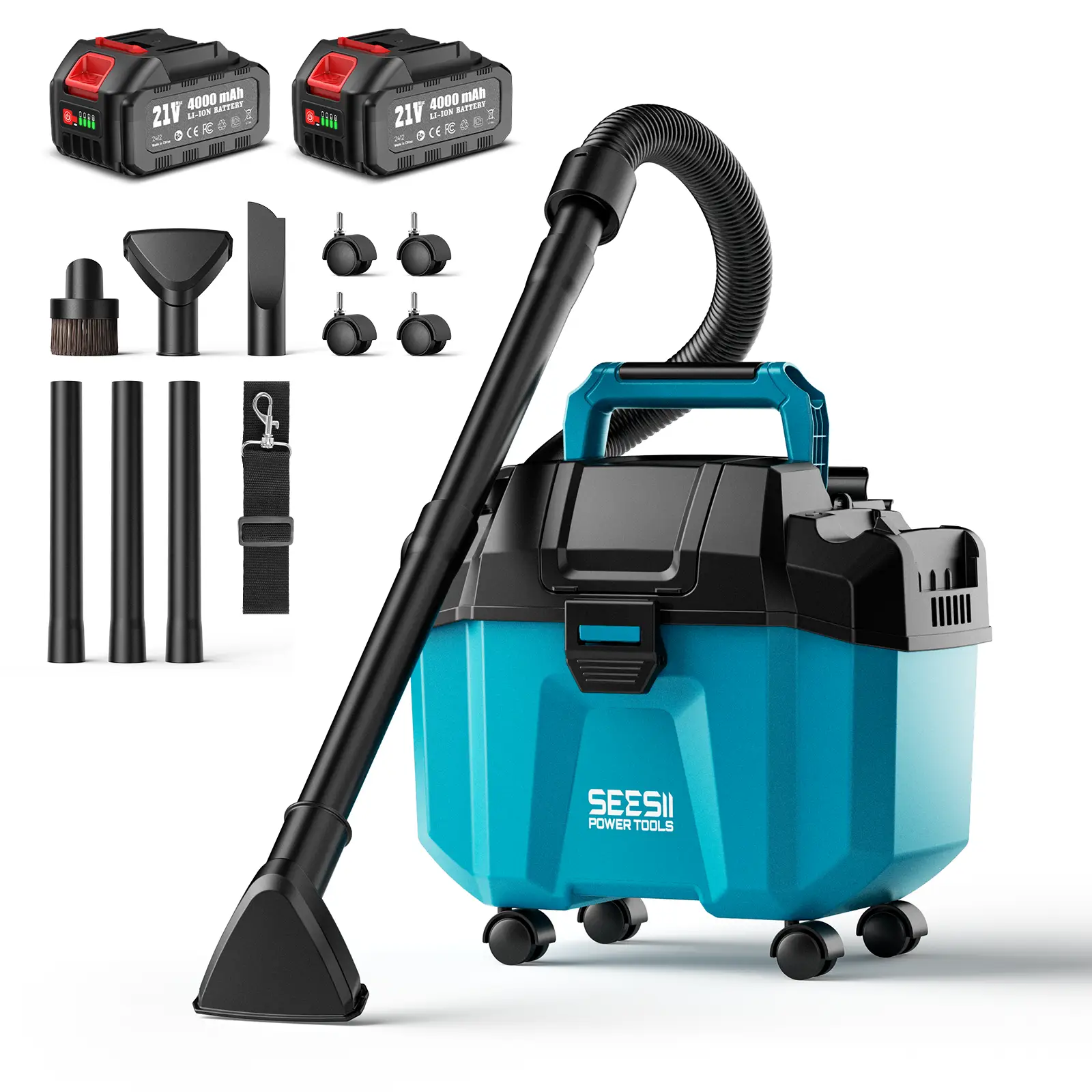 Seesii Battery Powered Vacuum Wet&Dry, 2.6 Gal Cordless Wet Dry Shop Vac with 2*4Ah batteries, 3-in-1 Portable Vacuum Cleaner with Strap, 4 Wheels and