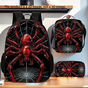 Red Spider Print 3PCS Backpack Set, Cool Gothic Style School Backpack with Lunch Box & Pencil Case, Lightweight Durable Daypack for Boys Teens, Ideal Gift for Spider Fans