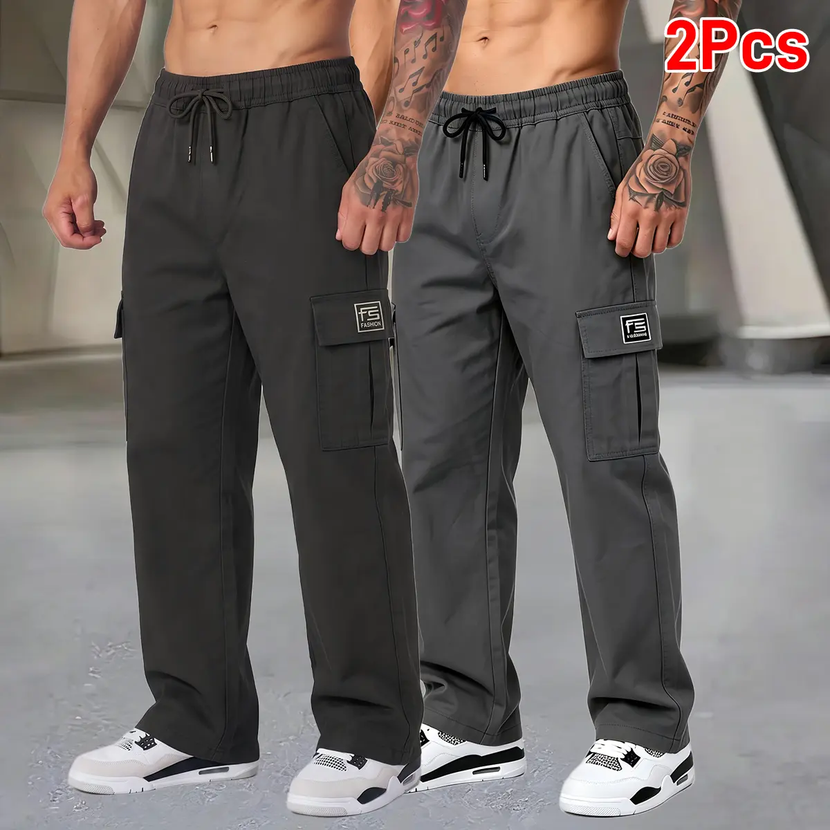 Men’s cargo pants 2-pack: loose outdoor cargo athletic casual long pants with multiple pockets; stylish cargo pants for spring/autumn featuring a loose fit, multifunctional design, letter patches, multiple pockets, and a drawstring waist—ideal for everyda