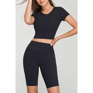 Black seamless short sleeve  basic round neck crop t shirt: Black