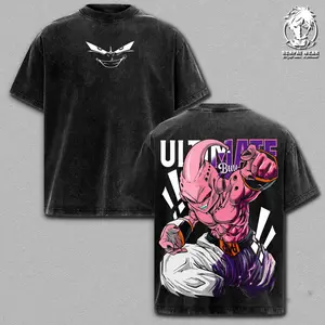 Majin Buu Vintage Washed Oversized Graphic Tee – DBZ Double Printed T-Shirt, Streetwear Casual, Heavy Cotton Unisex Crewneck, Kid Buu Pink Energy Manga Shirt, Gift for DBZ Fans