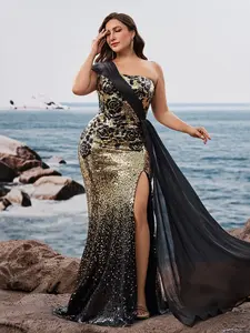 Elegant Plus Size Gradient Sequin Evening Gown, One-Shoulder Mermaid Long Formal Dress, High Split with Lightweight Chiffon Ribbon, Curvy Women Design