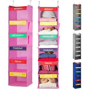 Hanging Clothes Organizer for Kids - 6-Shelf Closet Daily Clothing Organization Labeled Shelves with Days of The Week Monday Through Friday, Weekday and Weekend (Pink)
