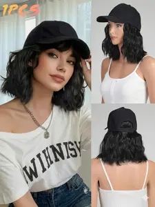 Baseball Cap Wig Integrated Hairpiece, No Glue Wig, Thick Wavy Curl Bob Head, Easy Change Costume Accessory, Natural Seamless Style
