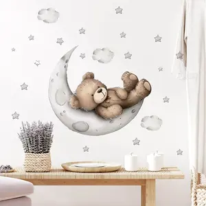 Bear Wall Sticker, Moon Bear, Clouds, Stars Decor, Bedroom Wallpaper Art, PVC Self-Adhesive Removable, Living Room, Bathroom