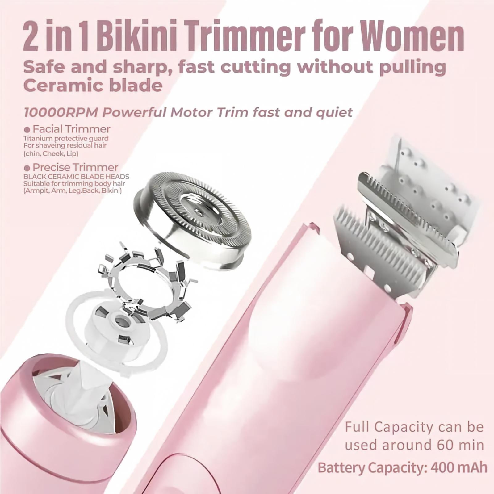 Women's Rechargeable 2-in-1 Electric Trimmer & Bikini Trimmer - IPX7 Waterproof Dual Heads, Painless Grooming for Body, Face, Underarms, Legs, Biknini Trimmer