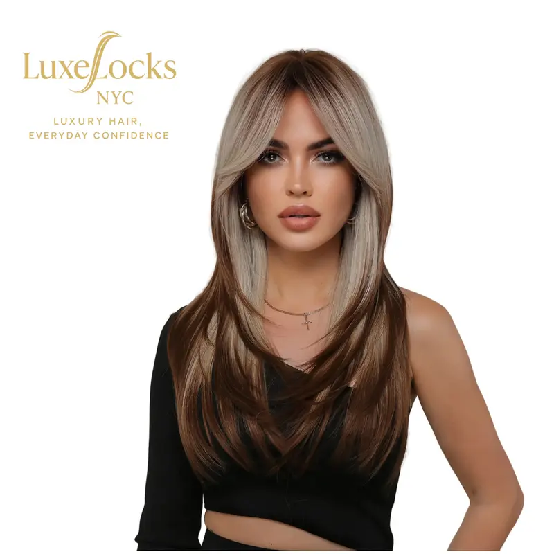 Layered Ash Brown Blonde Wig with Curtain Bangs | Face-Framing Highlight Long Straight Wig | Heat Resistant Synthetic Wig for Women