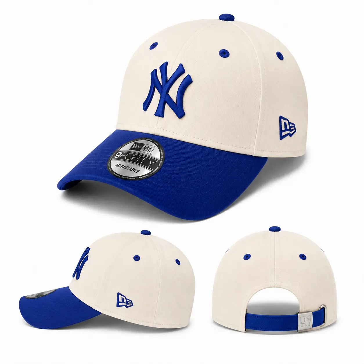 New York Yankees Curved Brim Adjustable Baseball Hat for Men & Women – 9FORTY Strapback Cap with Engraved MLB Logo Metal Back Buckle, Cream Color Collection