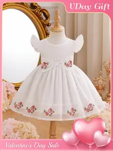 Summer dress for baby girls, baby girl clothes, Baby clothing, white embroidered mesh dress for baby girls, three-dimensional rose+flying sleeves+bow tie, Valentine's Day gift, suitable for Eid al Fitr dressing, weekend parties