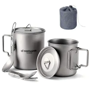 Odoland Titanium Camping Cookware 420ML & 750ML Titanium Pot with Lid and Spork Lightweight Camping Pot for Backpacking Hiking Traveling and Picnic