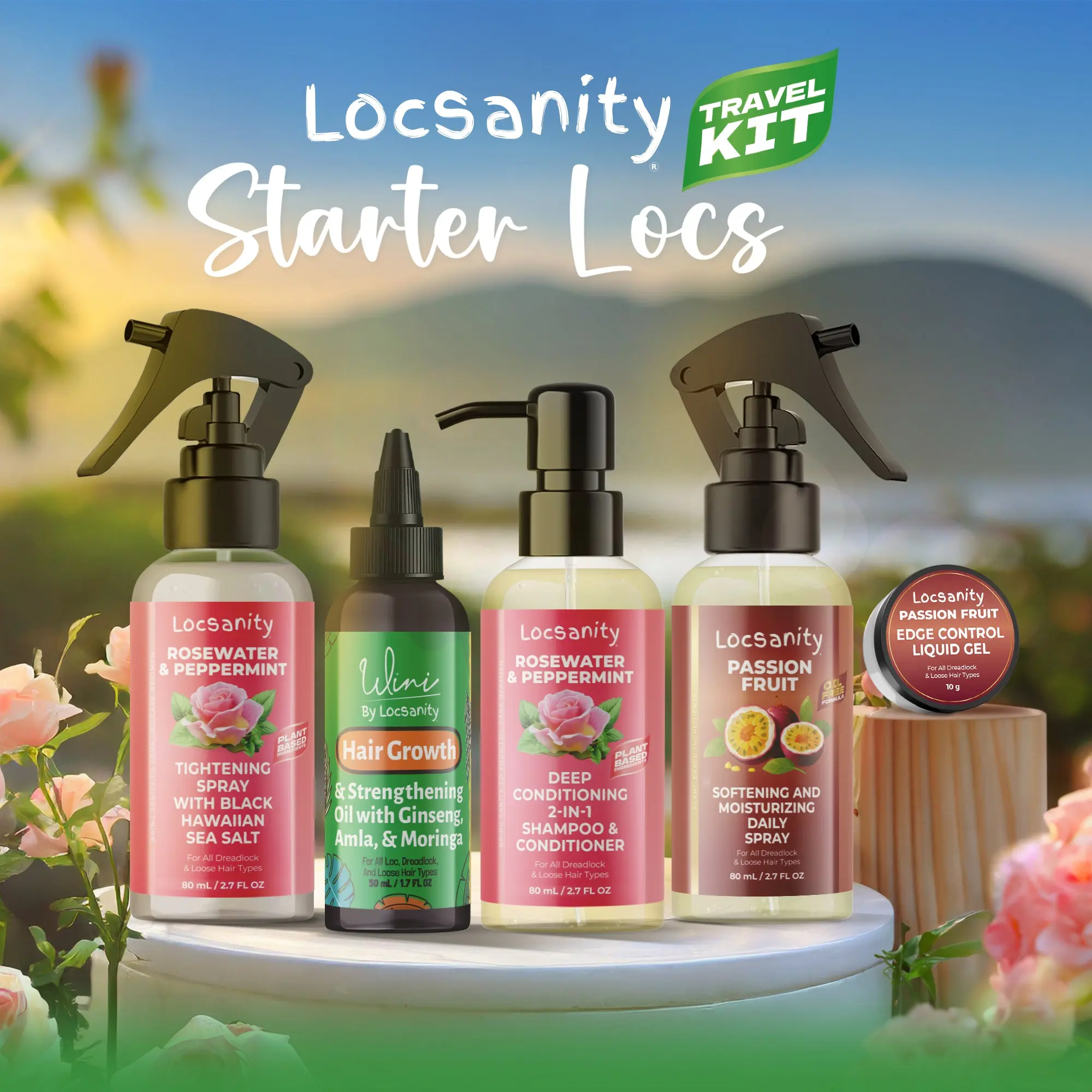 Locsanity Starter Locs Travel Kit - 2-in-1 Shampoo & Conditioner, Hydrating Hair Oil, Moisturizing Spray, Rosewater Peppermint Blend, Black Hawaiian Sea Salt, Liquid Edge Gel, Nourishing Cleanser, Moisturizer, Haircare, Cleansing, Shampoo And Conditioner,