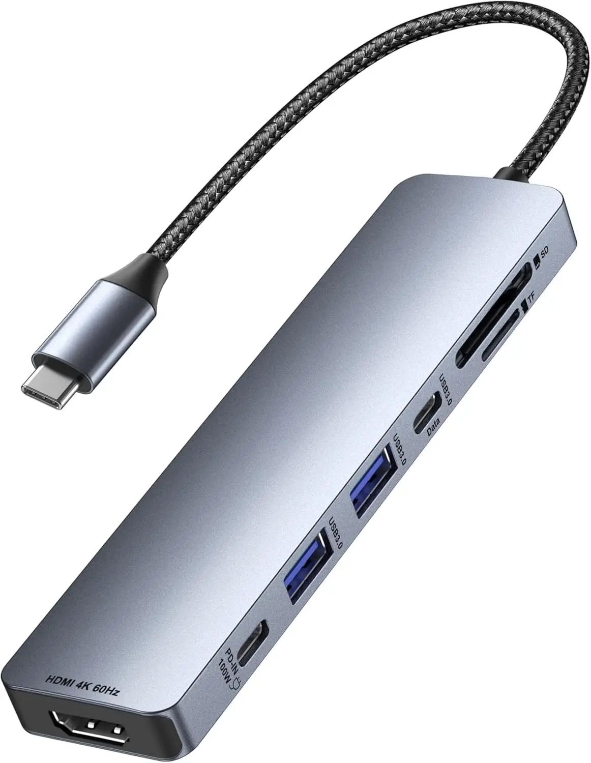 7-in-1 USB C Hub with HDMI(4K@60Hz), 2 USB-A, 1 USB-C Data, 100W Charge, SD/TF Card Reader,  Tangle-Free  Compatible with MacBook Pro/Air, iPad Pro, iMac,  15 Pro/Pro Max