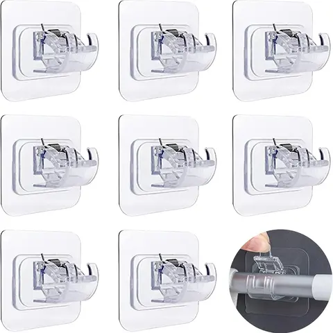 8PCS Durable Adjustable Curtain Rod Hooks Set - No Drill, Nail-Free, Self-Adhesive Tape, Transparent, Plastic+Steel, Easy Tool-Free DIY Installation, Fits 0.39-0.78In, for Bathroom, Kitchen, Office, Modern Design Style
