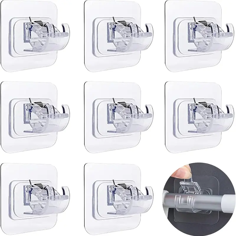 8PCS Durable Adjustable Curtain Rod Hooks Set - No Drill, Nail-Free, Self-Adhesive Tape, Transparent, Plastic+Steel, Easy Tool-Free DIY Installation, Fits 0.39-0.78In, for Bathroom, Kitchen, Office, Modern Design Style