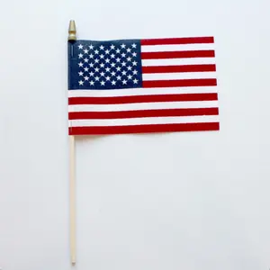 American Flag on a Staff - 4" x 6" Poly-Cotton Material - Made in the USA - Natural Wood Staff with Gold Spear Top - Perfect for Parades & Rallies