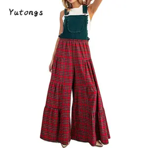 Women Christmas Plaid Overalls Lace Trim Wide Leg Pants Jumpsuit with Pocket for Daily Holiday Party