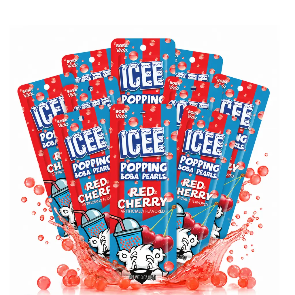 ICEE Red Cherry Popping Boba (10 Pack with Straws) – Bursting Fruit Juice Pearls | Ready-to-Eat bursting Bubbles Beverage & Dessert Topping | Gluten-Free, Soy-Free & Dairy-Free |