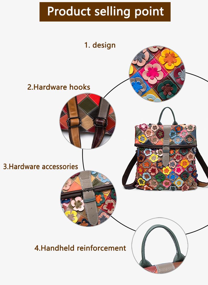 Women's Vintage Patchwork Backpack with 3D Flower Applique and Adjustable Straps