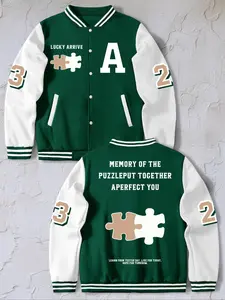 Men's Graphic Letter Print Casual Outdoor Fleece Knit Jacket, Baseball Jacket for All Seasons, Men's Fashion Outerwear