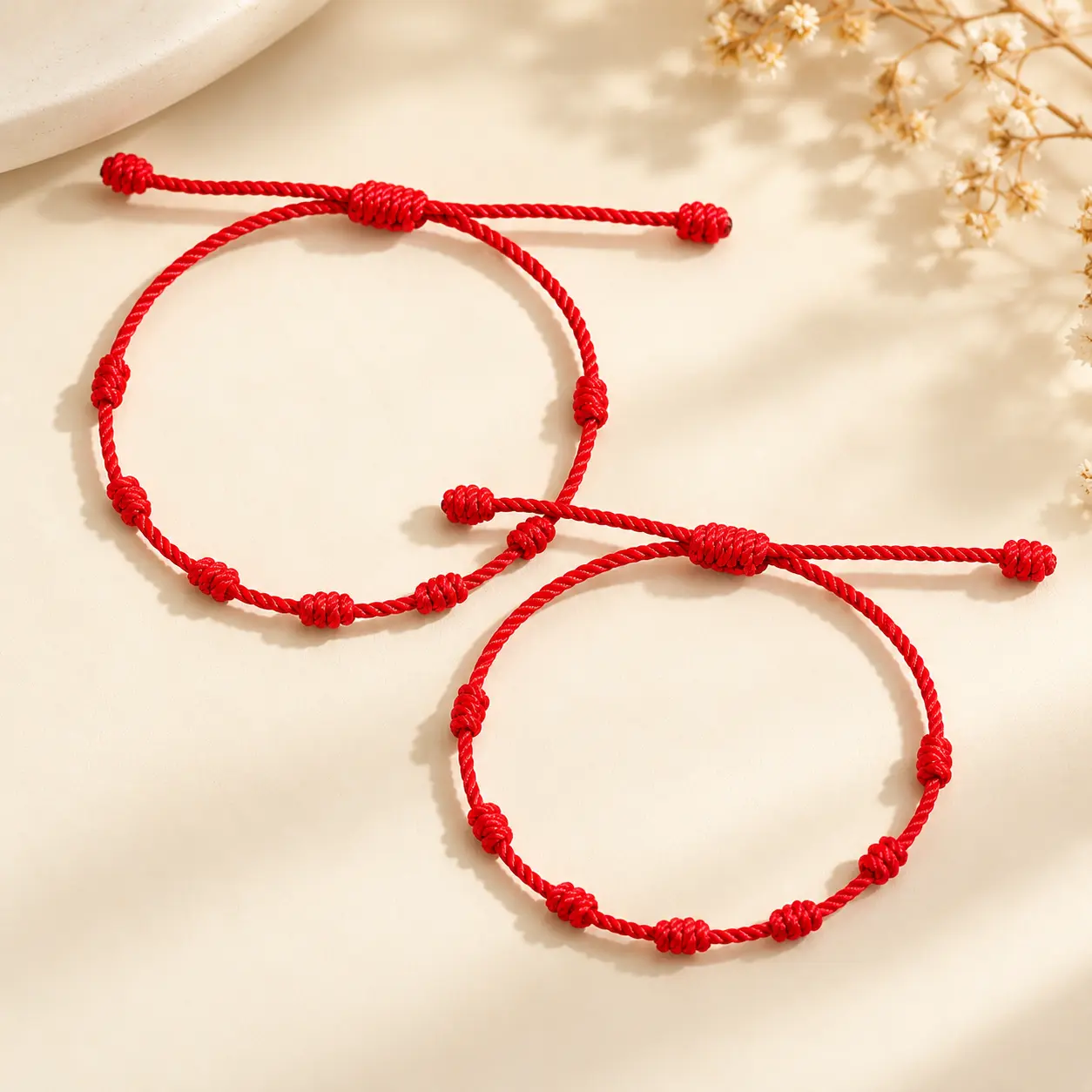 YLNWH 2PCS Seven-Knot Red String Bracelet, Adjustable Braided Cord Lucky Bracelet Set, Simple Handmade Friendship Couple Wristband, Lightweight Everyday Jewelry Gift for Women Men