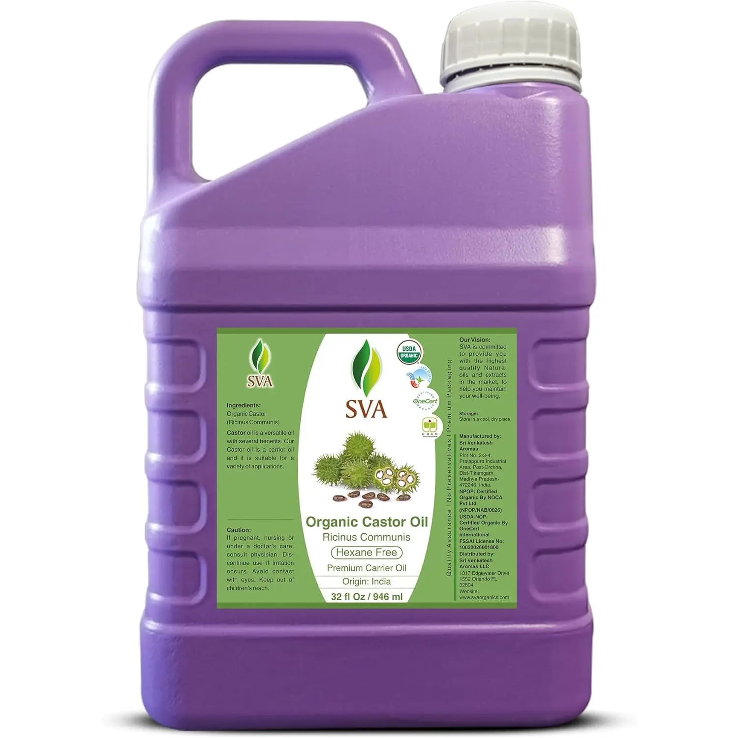 SVA Castor Seed Oi Organic - 32 Fl Oz – 100% Natural Cold Pressed Organic Castor Oil - for Face, Skin Care, Hair Care, Scalp Massage & Body Massage