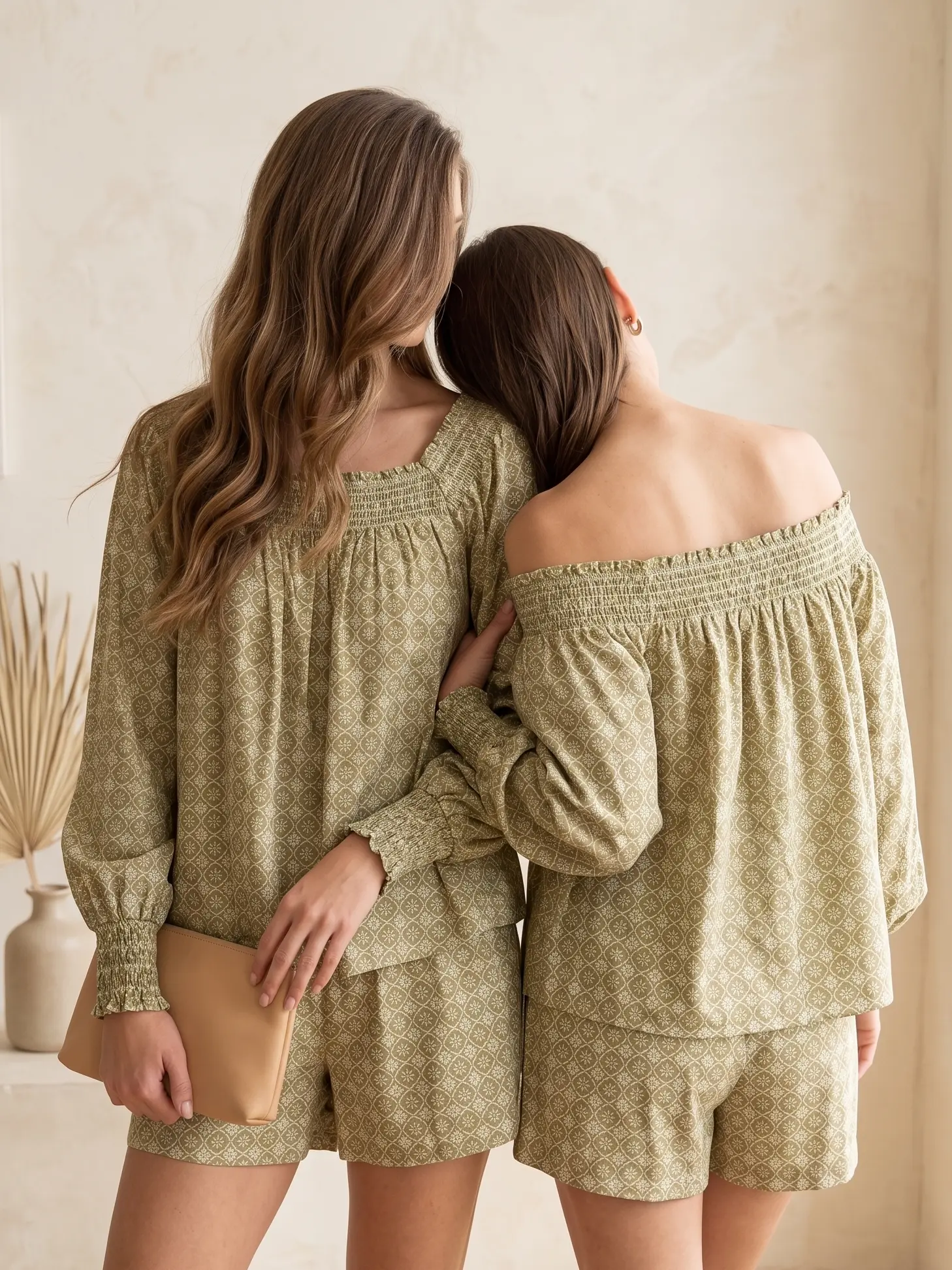 Chic Petal Women's Green Geometric Print 2-Piece Stretchy Loungewear Set - Elastic Smocked Off-Shoulder Top & Breathable Fit Shorts, Vibe-Infused Casual Wear Beach Evening Womenswear Fabric
