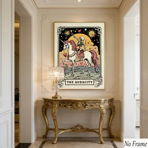 1pc Tarot Style Canvas Art, Skeleton Rider Unicorn, Baroque Frame, Gothic Decor, Mixed Media Home Wall Art, Rebel Spirit