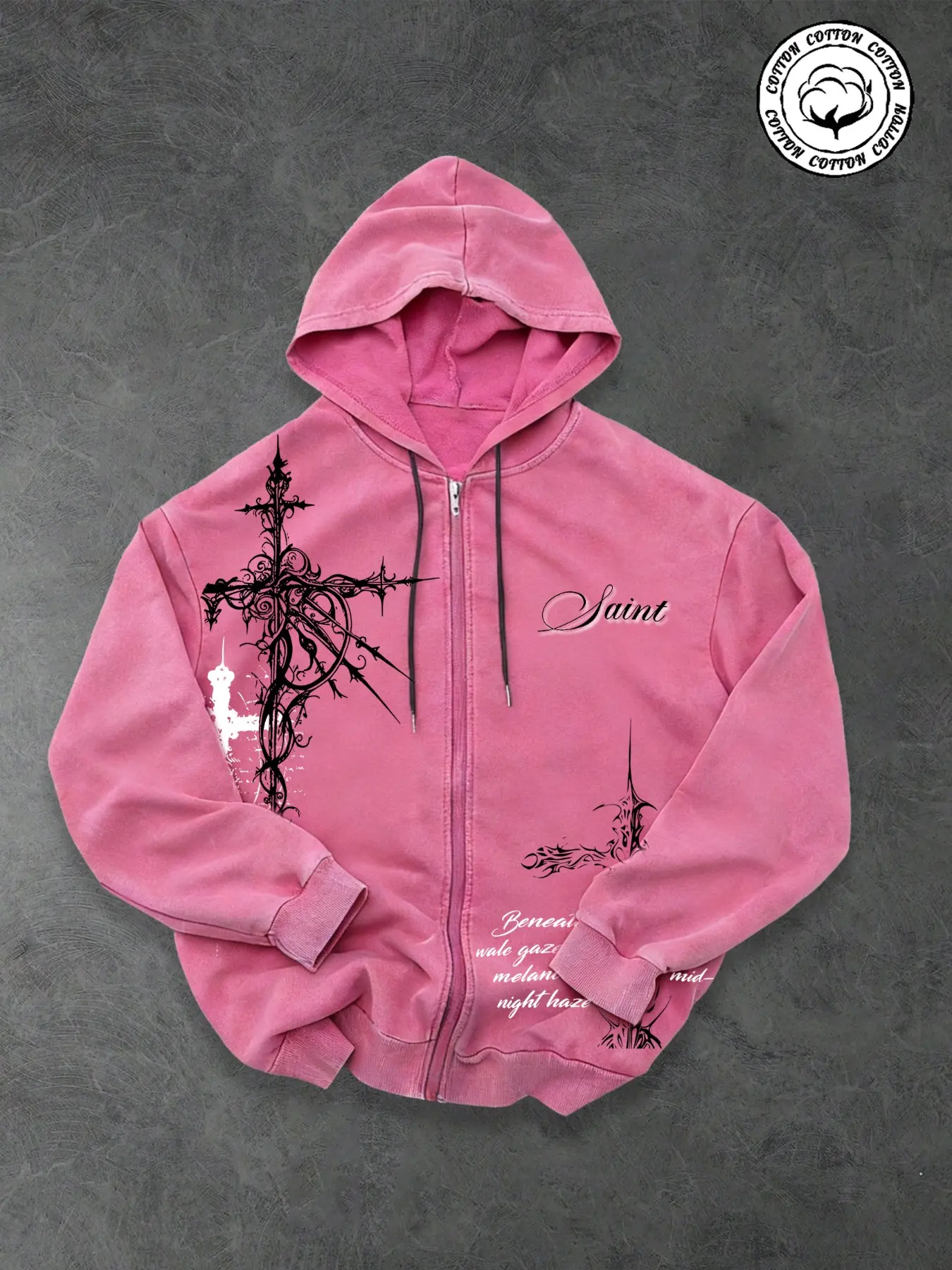 Men's Y2K Dark Aesthetic Saint Thorn Cross Zip Graphic Hoodie