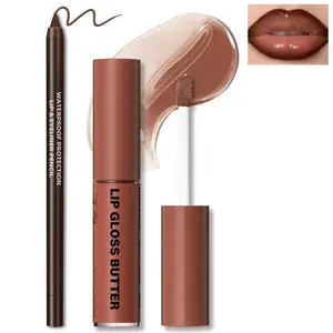 Nourishing Lip Gloss Moisturizing High Shine Fresh Lightweight Glossy Plumping Lip Combo for Women, Long Wear Lip Glow Oil with Brown Lip Liner Set Non-Sticky Liquid Lipstick