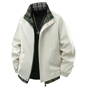 Men's Spring and Autumn Beige Jacket - plaid lining, collar and hem, front zipper, suitable for daily commuting, outdoor leisure jacket