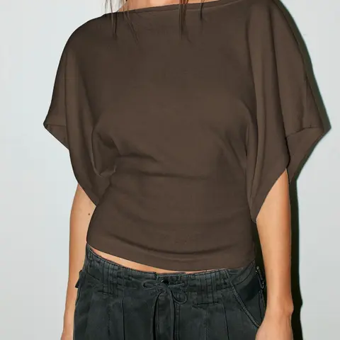 Women's Summer New Batwing Sleeve Waist Cinched Fit Top, Fashion Y2K Boat Neck Knit Sweater, Versatile Daily Wear Casual Basic Tee, Womenswear Knitwear, Elegance
