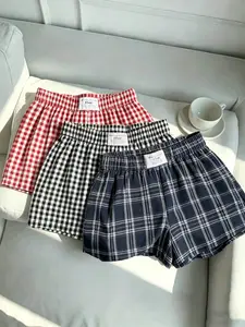 Women's 3-Piece Set: Red, Black, and Navy Blue Plaid Shorts – Loose Casual Womenswear, Shorts for Summer Home & Streetwear, Retro Style, Classic Checkered Pattern, Comfortable Fit #PlaidShorts #SummerFashion #ElasticWaistDesign