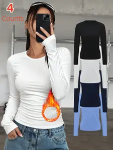 4-Pack Women's Thermal Underwear Tops, Solid Color Classic Casual Crew Neck Long-Sleeve Base Layers for Autumn & Winter - Ideal as Running, Hiking Activewear, Comfortable Base Layer Tees Suitable for Outdoor Activities