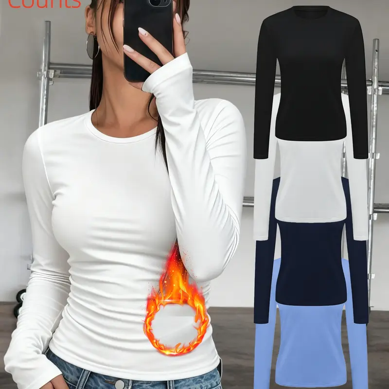 4-Pack Women's Thermal Underwear Tops, Solid Color Classic Casual Fit Crew Neck Long-Sleeve Base Layers for Autumn & Winter - Ideal as Running, Hiking Activewear, Comfortable Base Layer Tees Suitable for Outdoor Activities