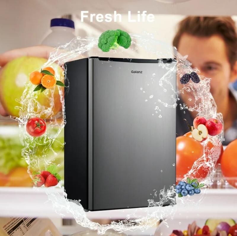 Galanz 3.3 Cu ft One Door Mini Fridge, Estar, Stainless Steel Look, New