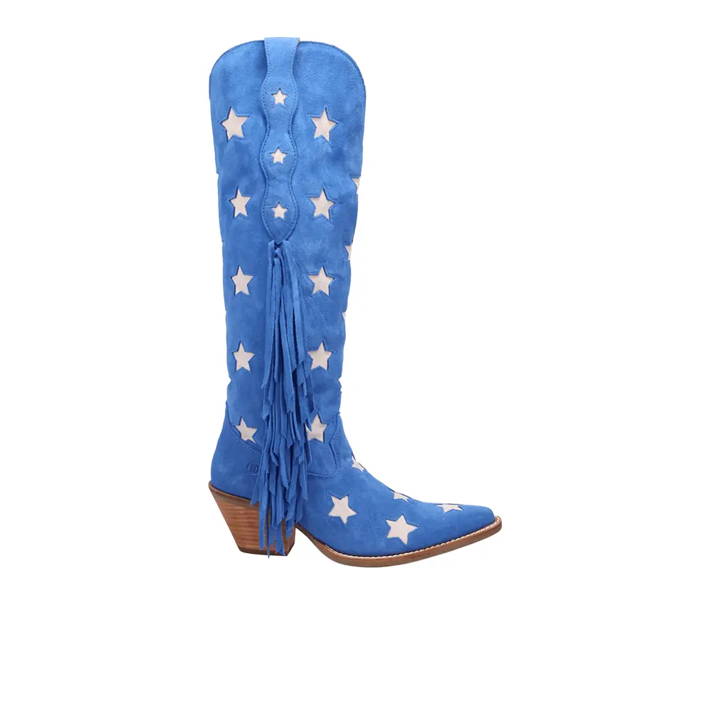 Dingo Womens Super Star Fringe Tooled-Inlay Snip Toe Pull On Casual Boots Over the Knee Mid Heel 2-3" - Blue Dingo Womens Super Star Fringe Tooled-Inlay Snip Toe Pull On Casual Boots Over the Knee Mid Heel 2-3" - Blue
