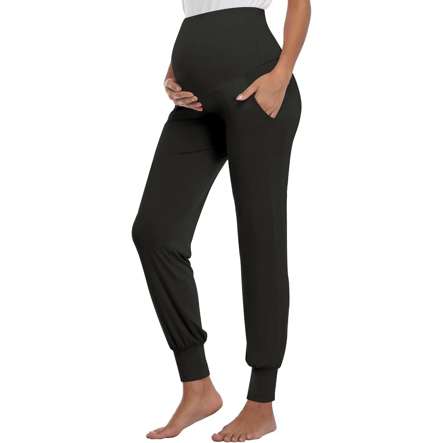 Women's Casual Maternity Joggers, Stretchy and Comfy Pregnancy Sweatpants for Lounge & Workout with Pockets, Maternity Fashion, Dress The Bump, Plain, Affordable Fashion, Black/Dark Heather Gray/Heather Burgundy