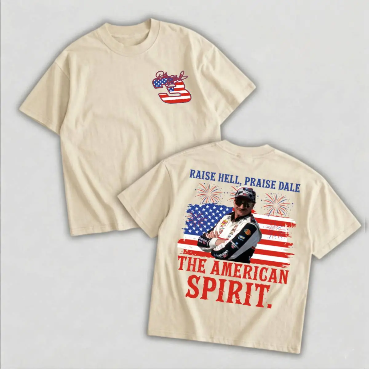 Unisex Dale Earnhardt Nascar Crew Neck T-Shirt - Raise Hell Praise Dale American Spirit 4th Of July Vintage Racing Graphic Top, Menswear, Shortsleeve, Relaxed Fit/Fitted, Customized High-Quality DTG Print, Machine/Cold Wash, No Dry Clean Gift