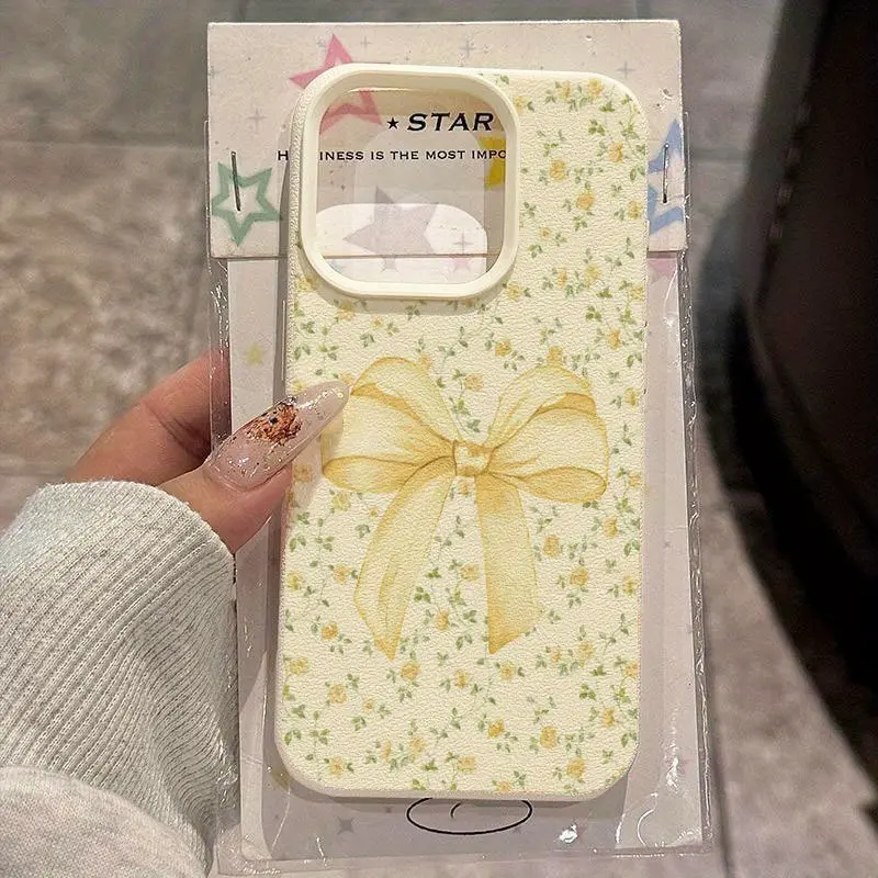 TP5X Yellow Flower Bow Pattern TPU Smartphone Cover - Shockproof, Drop-Resistant, Stylish Minimalist Protection Accessory for iPhone 16 Pro Max/16 Plus/15 Pro Max/15/14/13 Pro/12/11