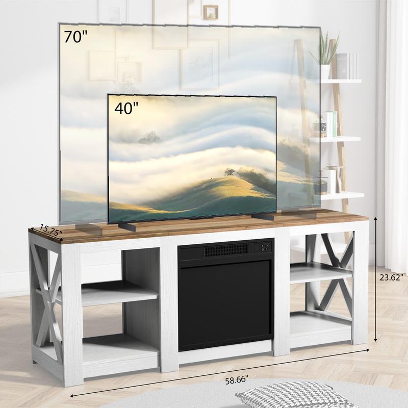 Fireplace Media Console Table for Living Room, Fireplace TV Stand for up to 70'' TVs, Modern Entertainment Center with 18'' Electric Fireplace Heater