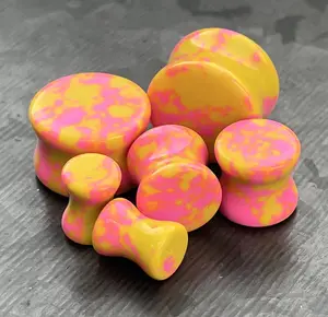 PAIR of Stunning Pink Lemonade Synthetic Turquoise Stone Double Flare Plugs - Gauges 2g (6mm) thru 5/8" (16mm)