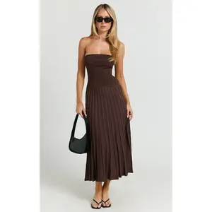 Paris Midi Dress - Strapless Drop Waist Pleated Knit Dress in Chocolate