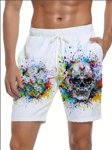 Men's Extra Large 3D Printed Skull Pattern Beach Shorts, Swimwear Shorts - casual surfing shorts with an elastic waistband and drawstring design, perfect for beach outings, Summer Swim Bottoms