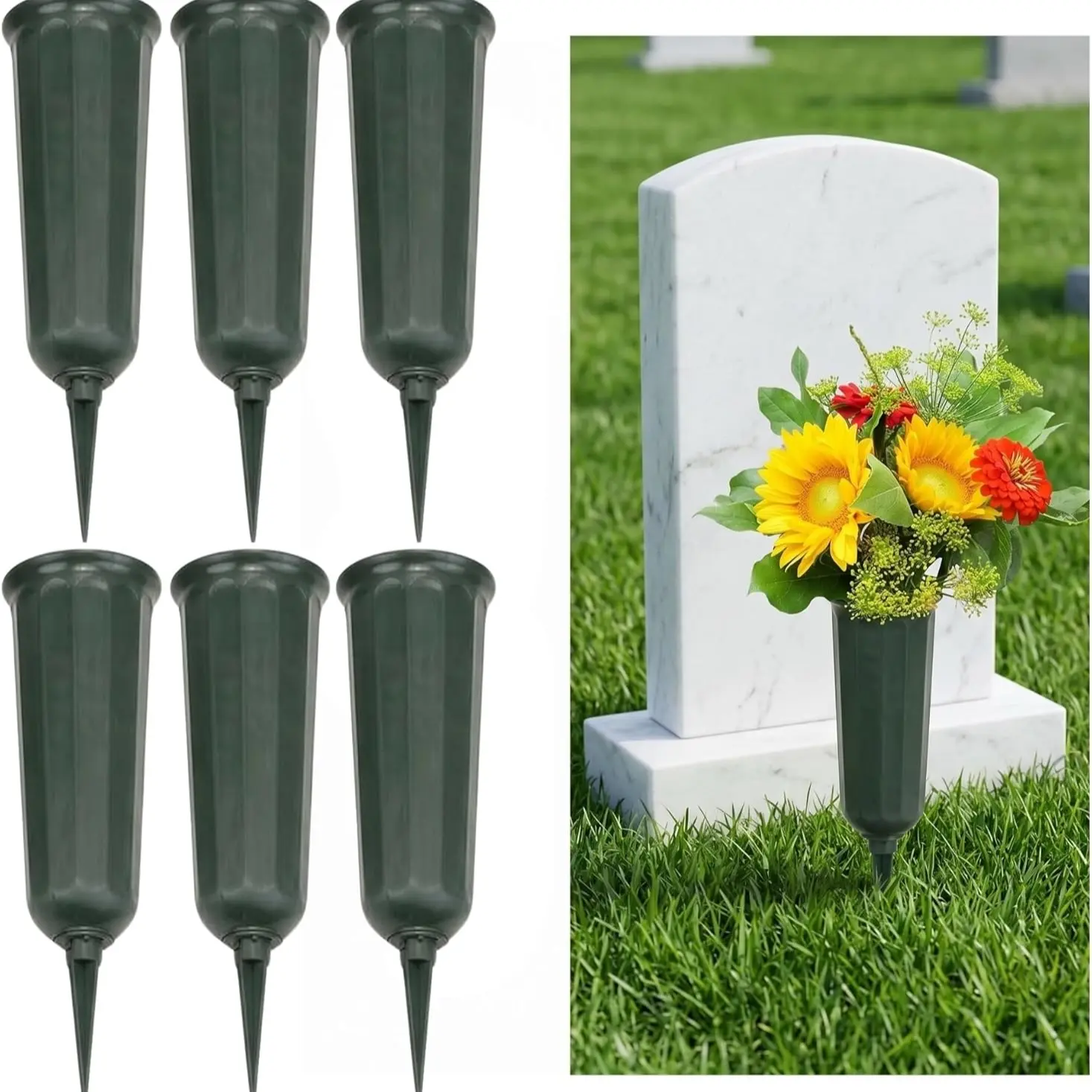 Cemetery Vase Set, Memorial Grave Vase, 6-Piece Outdoor Artificial or Fresh Flower Holder, Durable Spike/pole Included, Cemetery Decoration, Plastic Vase