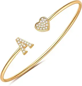 18K Gold Plated Initial Heart Bracelets for Women Girls Gold Bangle Letter A to Z Jewelry for Valentine Gift Flexible Adjustable Size