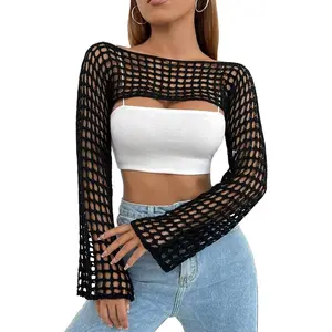Womens Crochet Crop Tops Y2k Knit Shrug Sweater Hollow Out Long Sleeve Bikini See Through Cover Ups