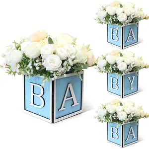 4pc blue baby shower with a flower box placed in the center of the dining table, a wooden box with the letters BABY, suitable for gender revealing parties (without flowers)