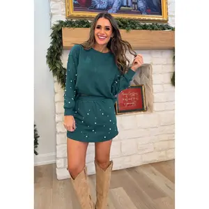 Dark Green Pearl Embellished Two Piece Skort Set