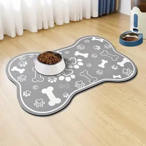 1pc Bone-Shaped Pet Feeding Mat for Dogs & Cats - Non-Slip Rubber Backing, Gray with White Paw Prints & Bones, Ideal for Messy Eaters, Indoor Use, Dog Food Mat, Easyclean Surface, Cat Owners